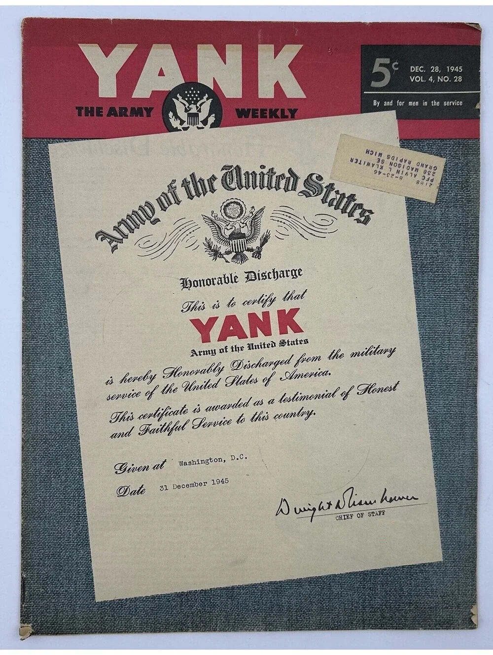 1945 YANK The Army Weekly Magazine Final Issue Honorable Discharge Cover Vol.4